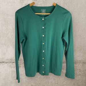 L.L. Bean 100% Supima Cotton Teal Green Long Sleeve Pearl Button Cardigan Knit M